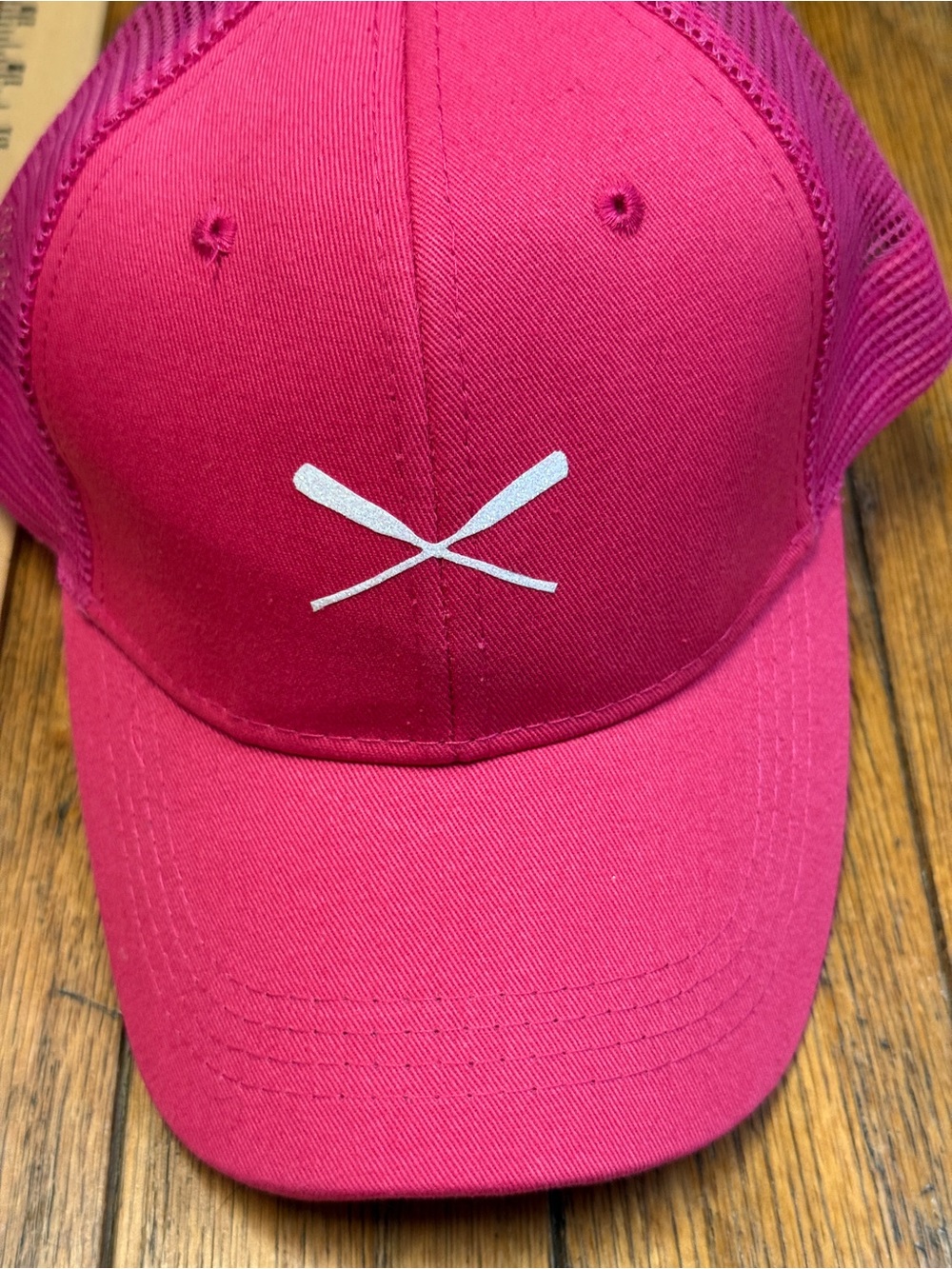 Bright Pink Trucker Hat with White Oars and pony tail hole